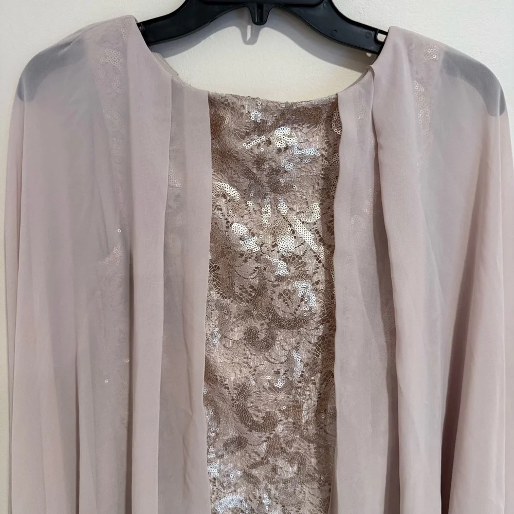 Alex Evenings Champagne Sequin Lace Chiffon Cape Sheath Dress size 6
